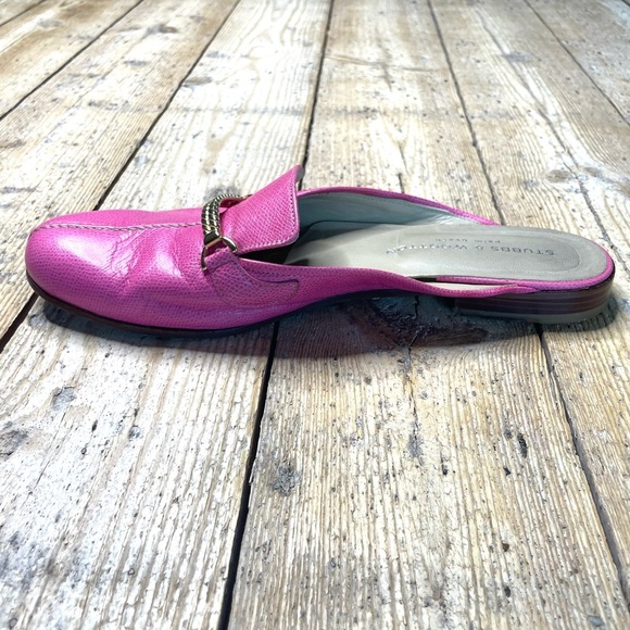 Stubbs & Wootton Pink Leather Mules Size 11 | Gold Accent Slip-On Loafers - Picture 6 of 11
